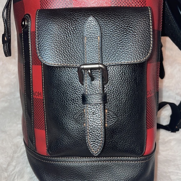New Coach Unisex Hudson XL Drawstring Backpack in Red Black Buffalo Plaid Print - Picture 9 of 17